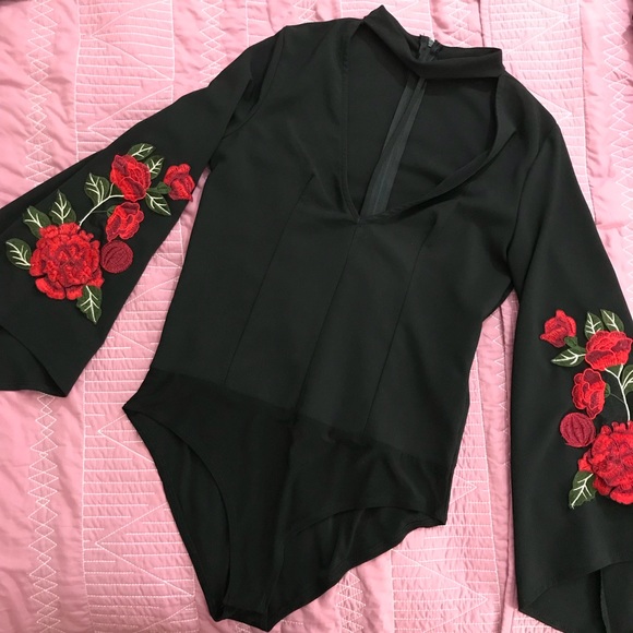 Black floral bell-sleeve bodysuit